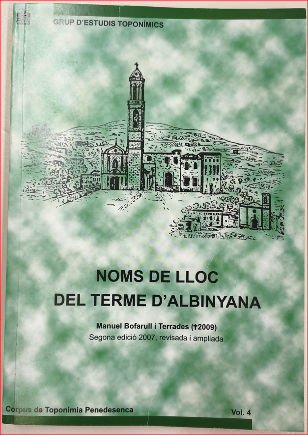 Portada del llibre "Noms de lloc del terme d'Albinyana" de Manuel Bofarull i Terrades